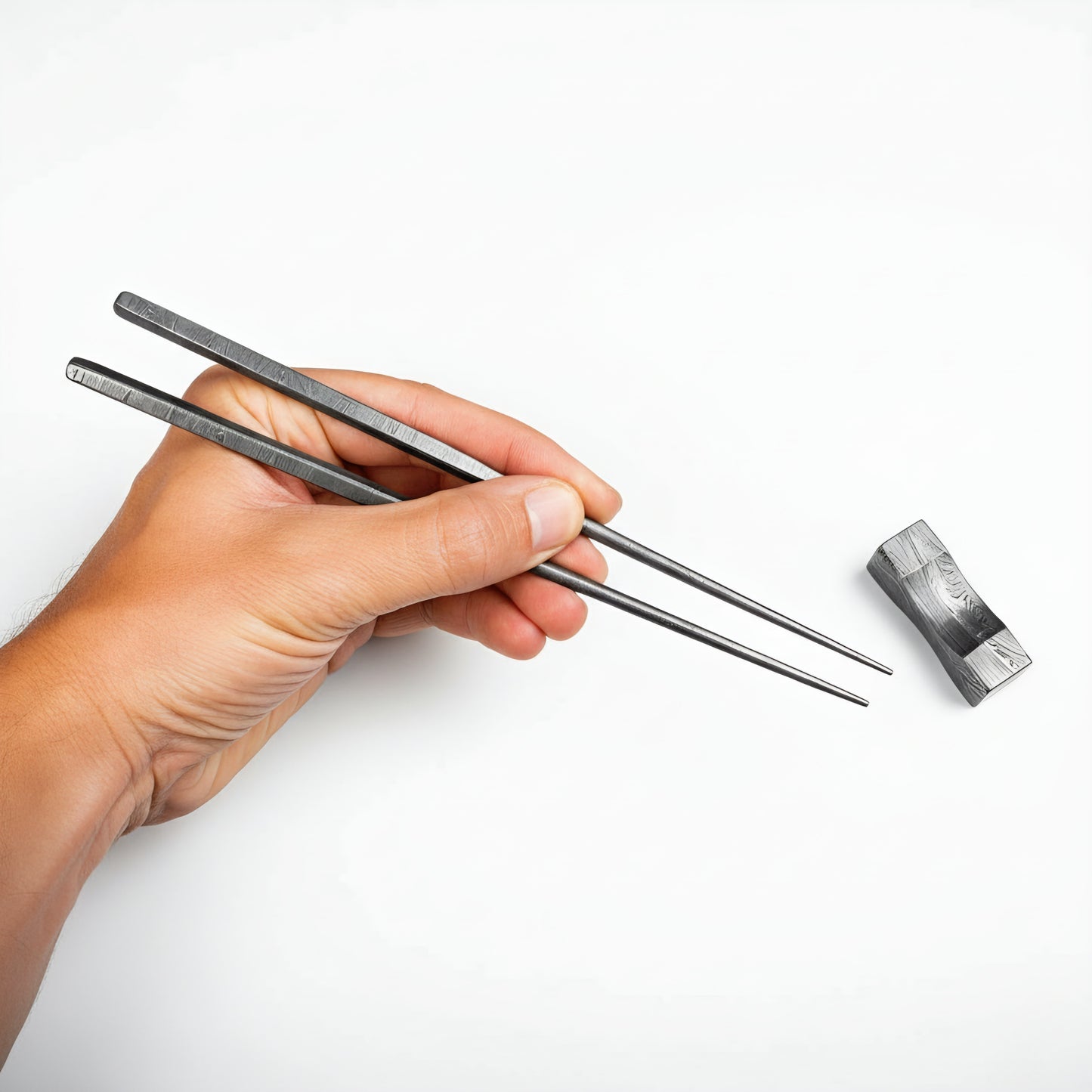 Hand holding metal tools on a white background