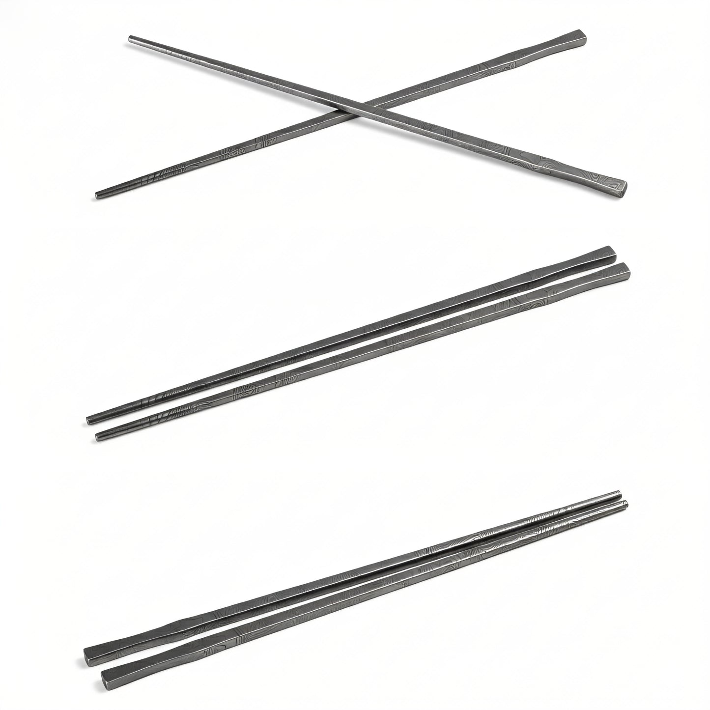 Four metallic rods of varying lengths on a white background