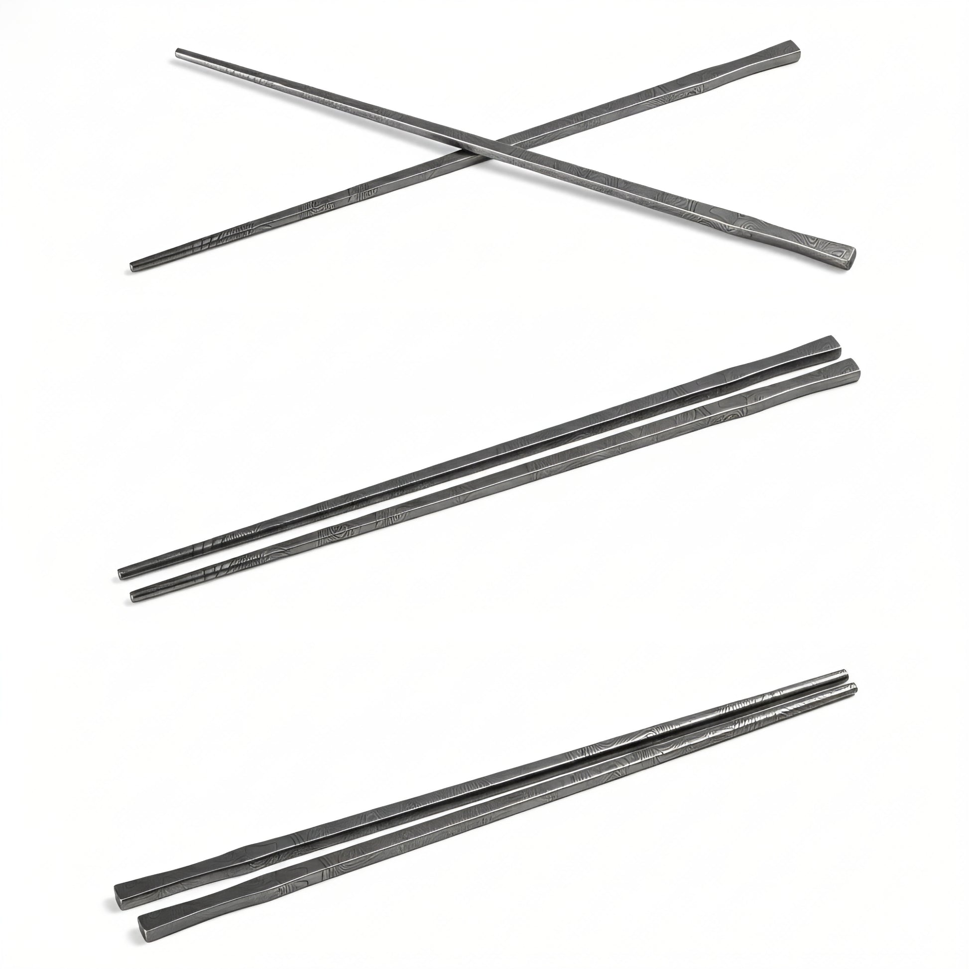 Four metallic rods of varying lengths on a white background