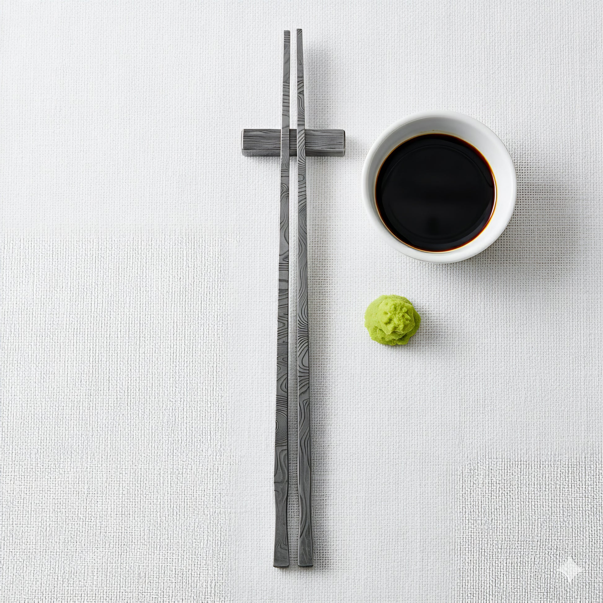 Gray patterned chopsticks on a white surface with a small bowl of soy sauce and wasabi.