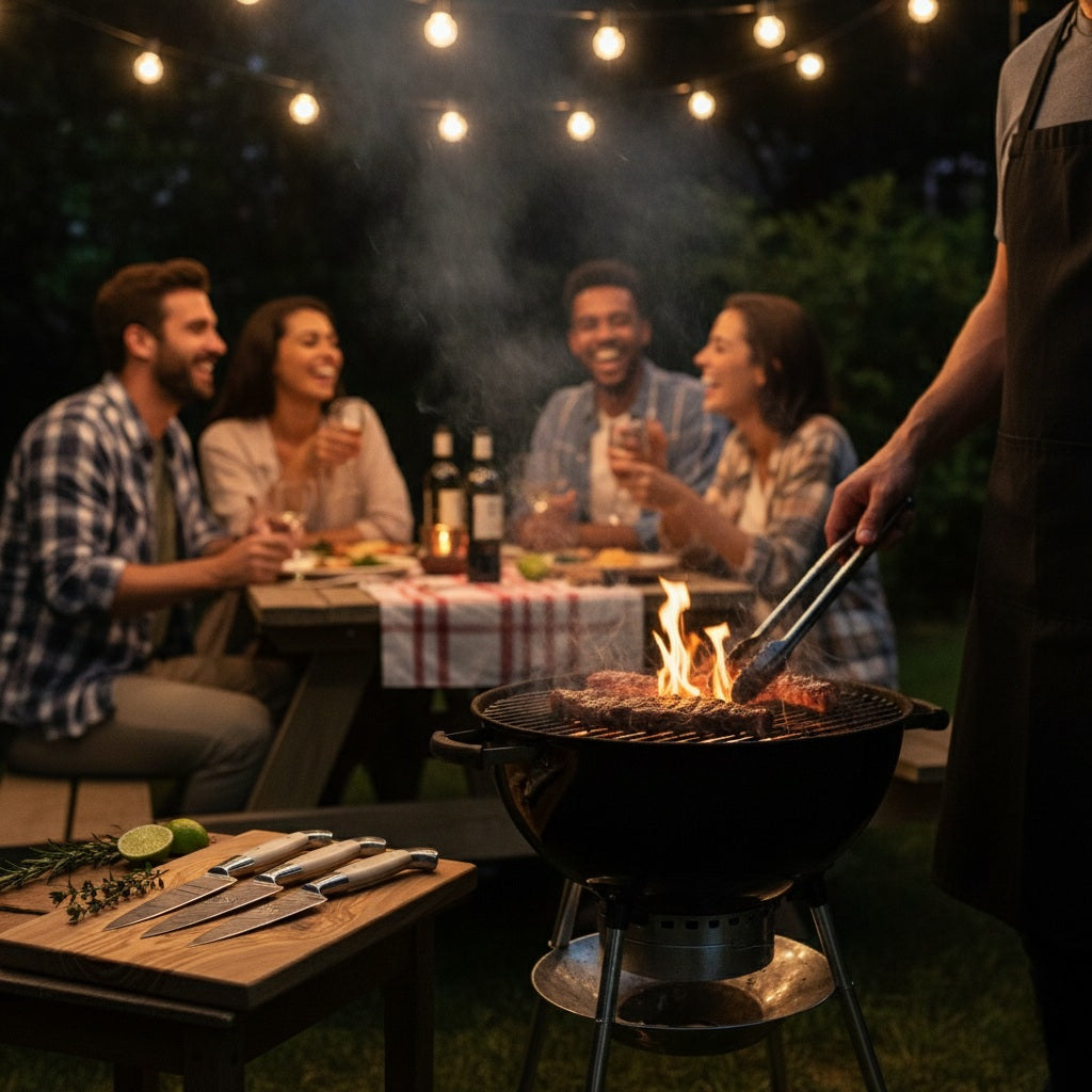 Group of people enjoying a barbecue outdoors at night with string lights.