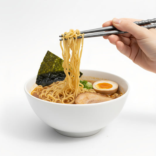 Hand using chopsticks to lift noodles from a bowl of ramen