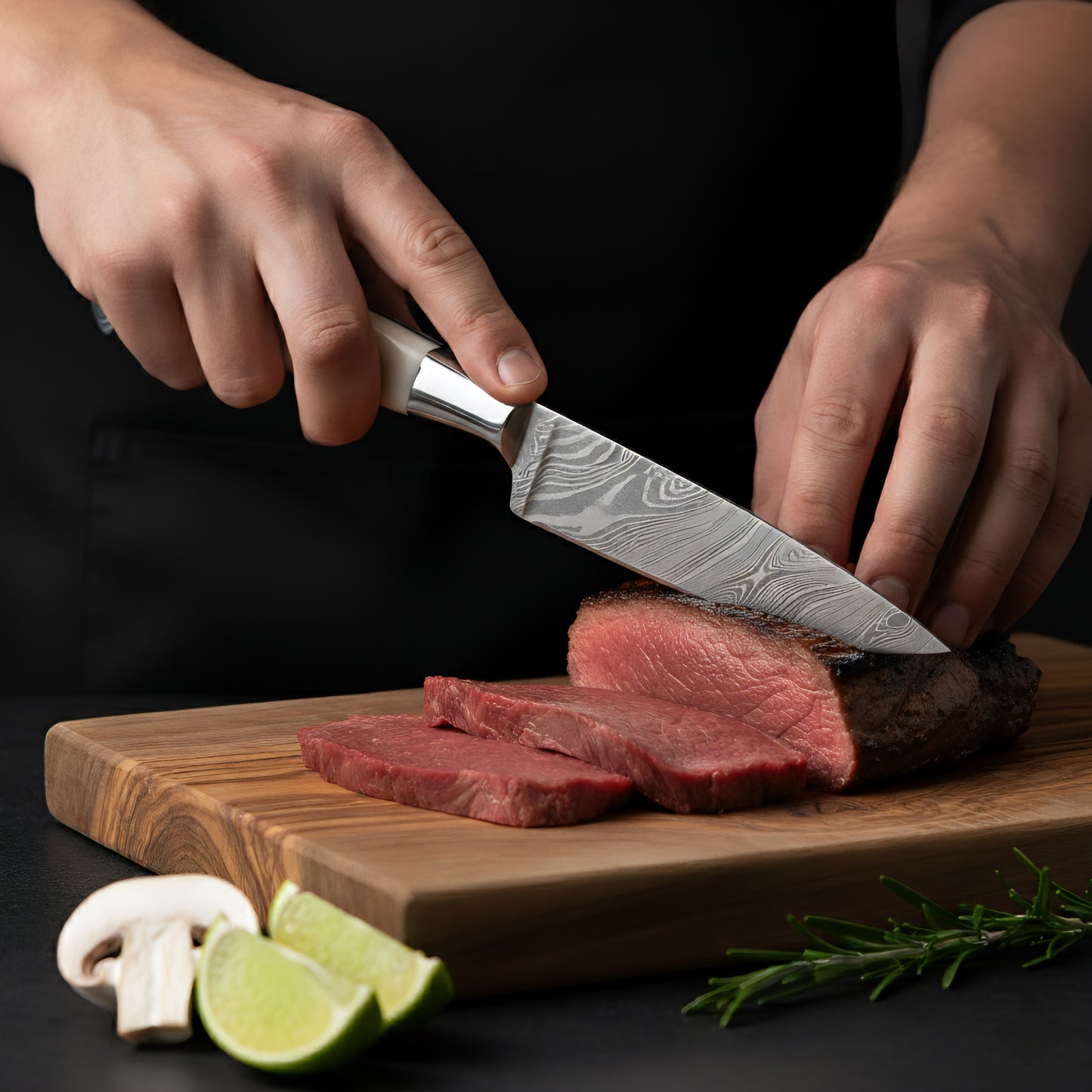 Person slicing a steak on a wooden cutting board with a knife, surrounded by ingredients.