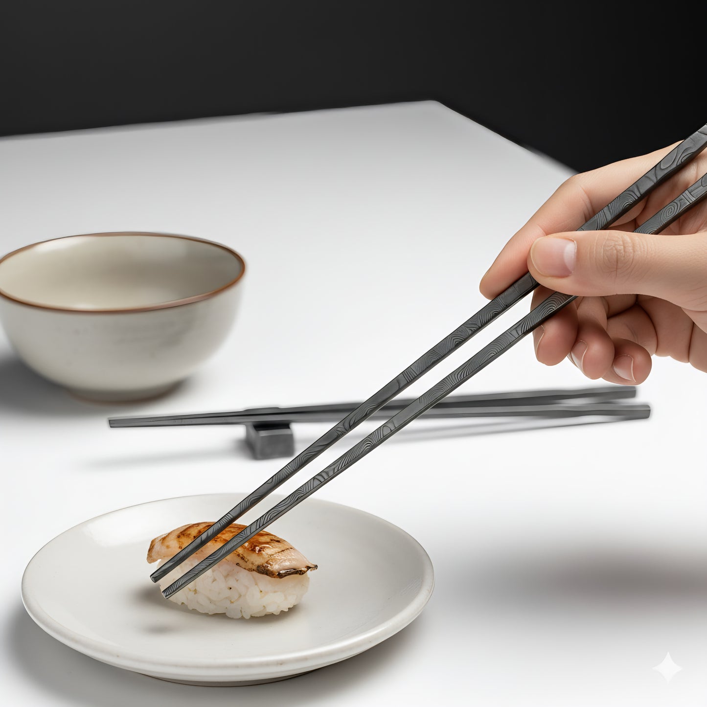 Person using black chopsticks to pick up food from a white plate with a bowl in the background.
