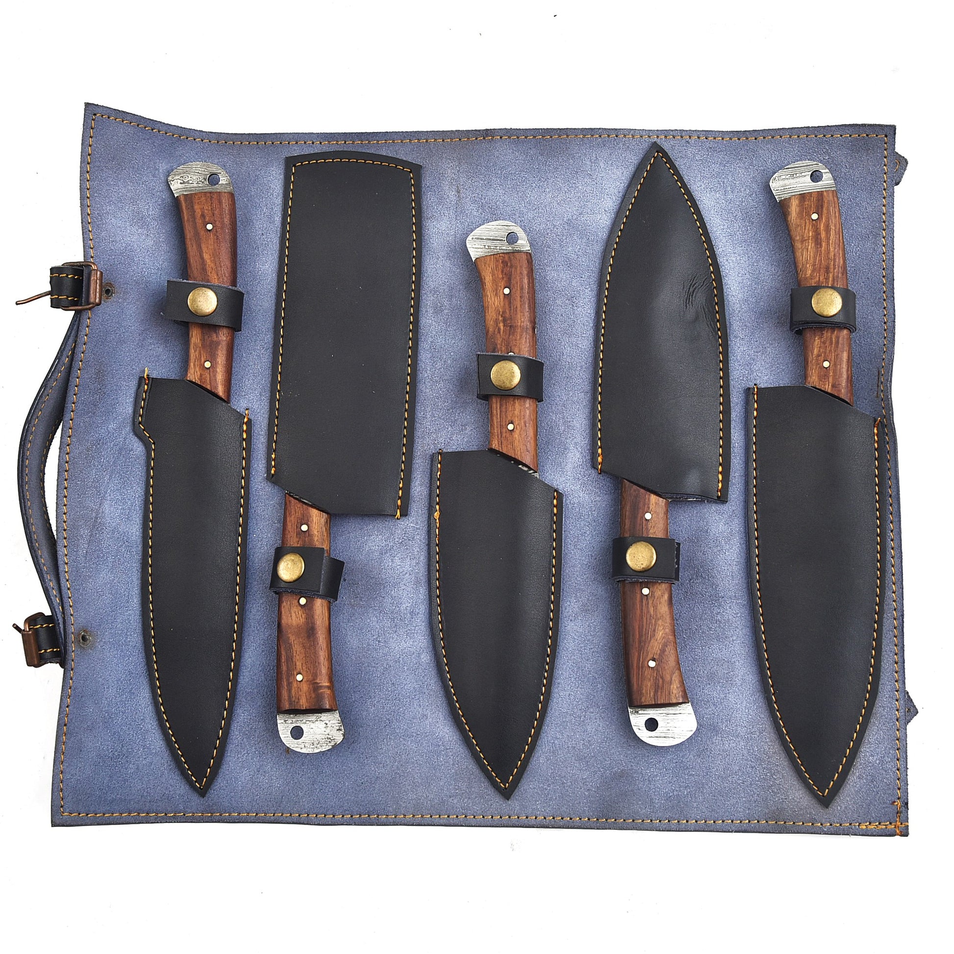 Set of five knives with wooden handles and leather sheaths on a blue background
