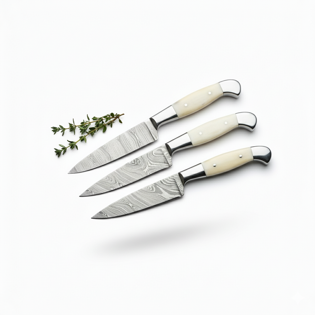 Set of three knives with decorative handles on a white background