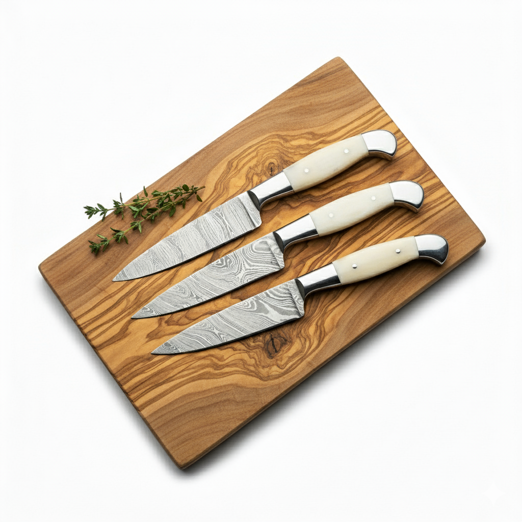 Set of four knives with white handles on a wooden cutting board.