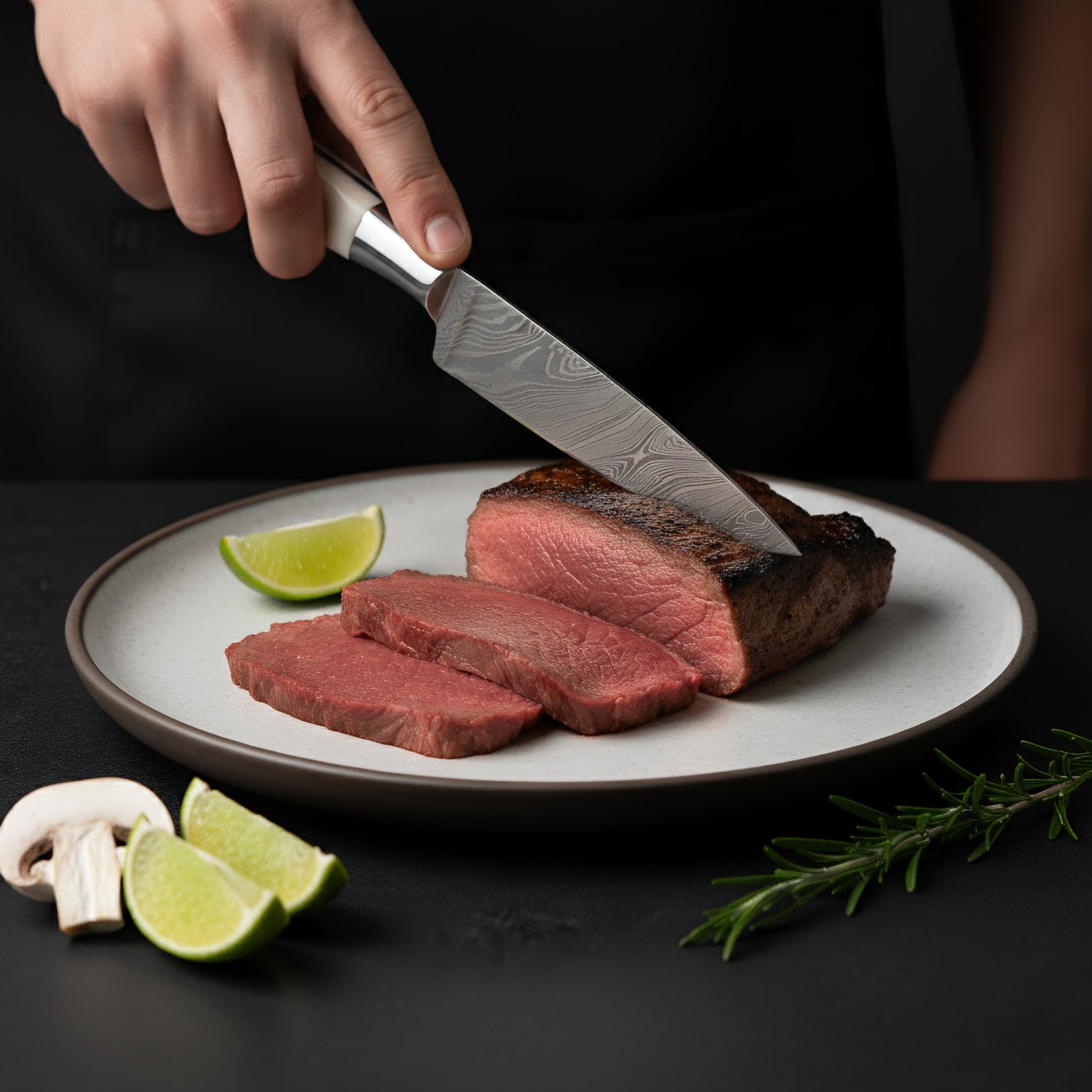 Sliced steak on a plate with a knife, lime wedges, and mushrooms on a dark background