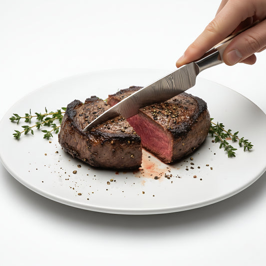 Steak being cut on a white plate with a knife, garnished with thyme.
