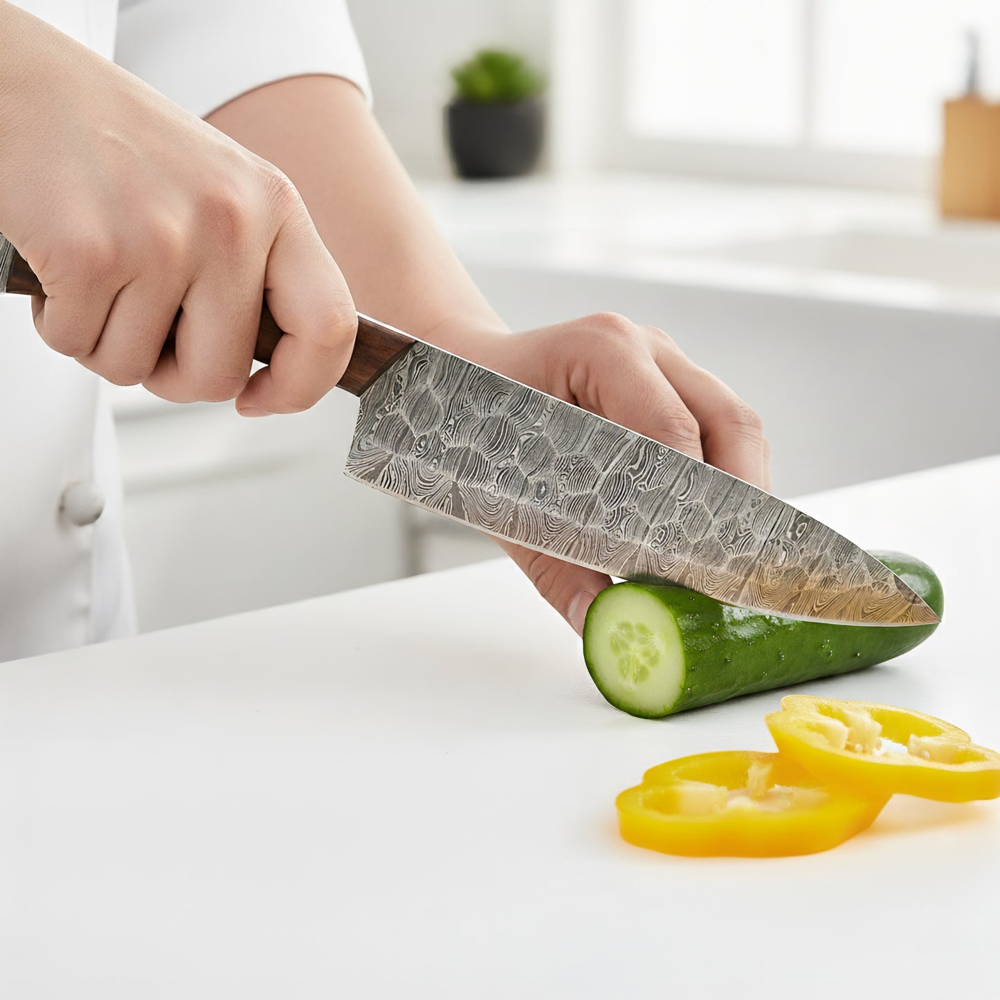 Person using a chef's knife to slice a cucumber on a cutting board with a blurred kitchen background.