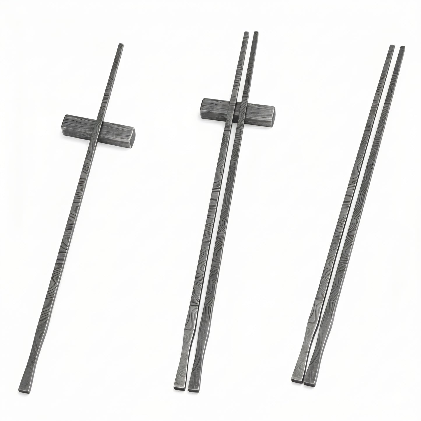 Three pairs of black chopsticks on a white background