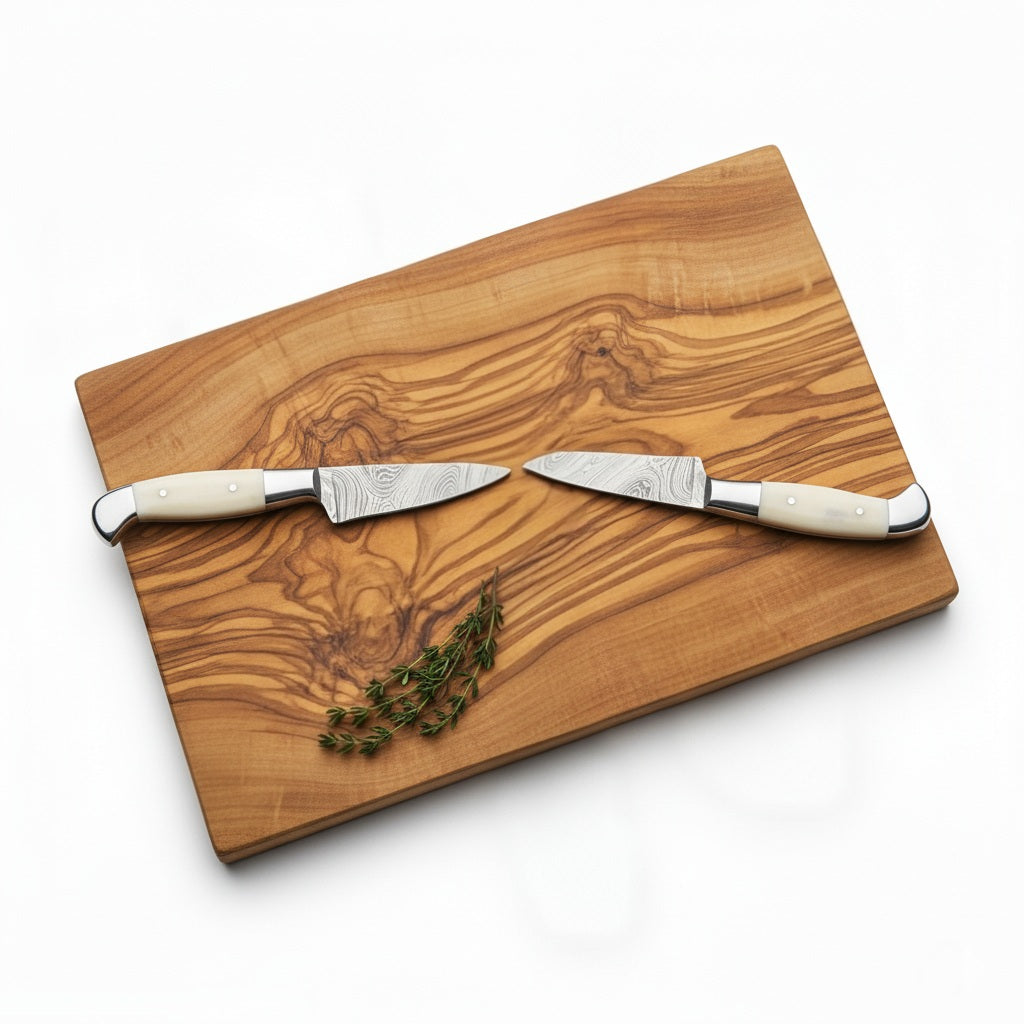Wooden cutting board with two knives and herbs on a white background
