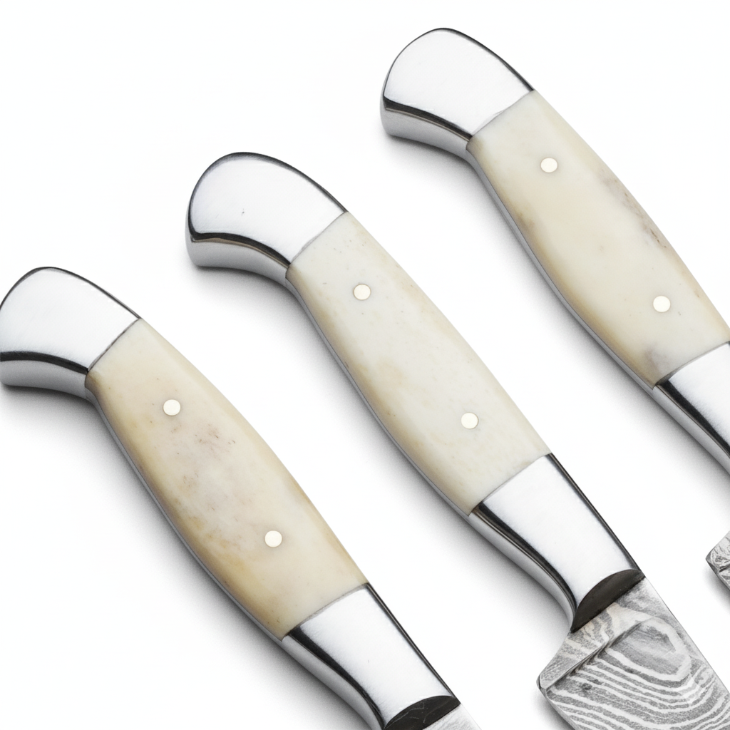 Three pocket knives with bone handles and silver blades on a white background