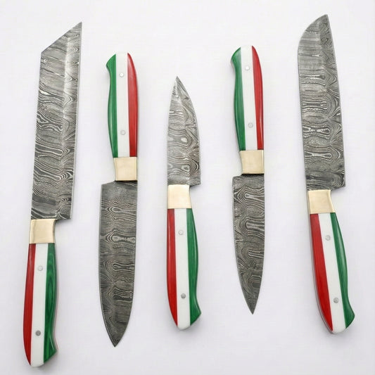 A set of five Damascus steel kitchen knives with handles featuring the green, white, and red stripes of the Italian flag.