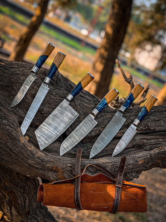 The Sea Blue - Damascus 6 Piece Chef Knife Set & Leather Roll - davincicutlery