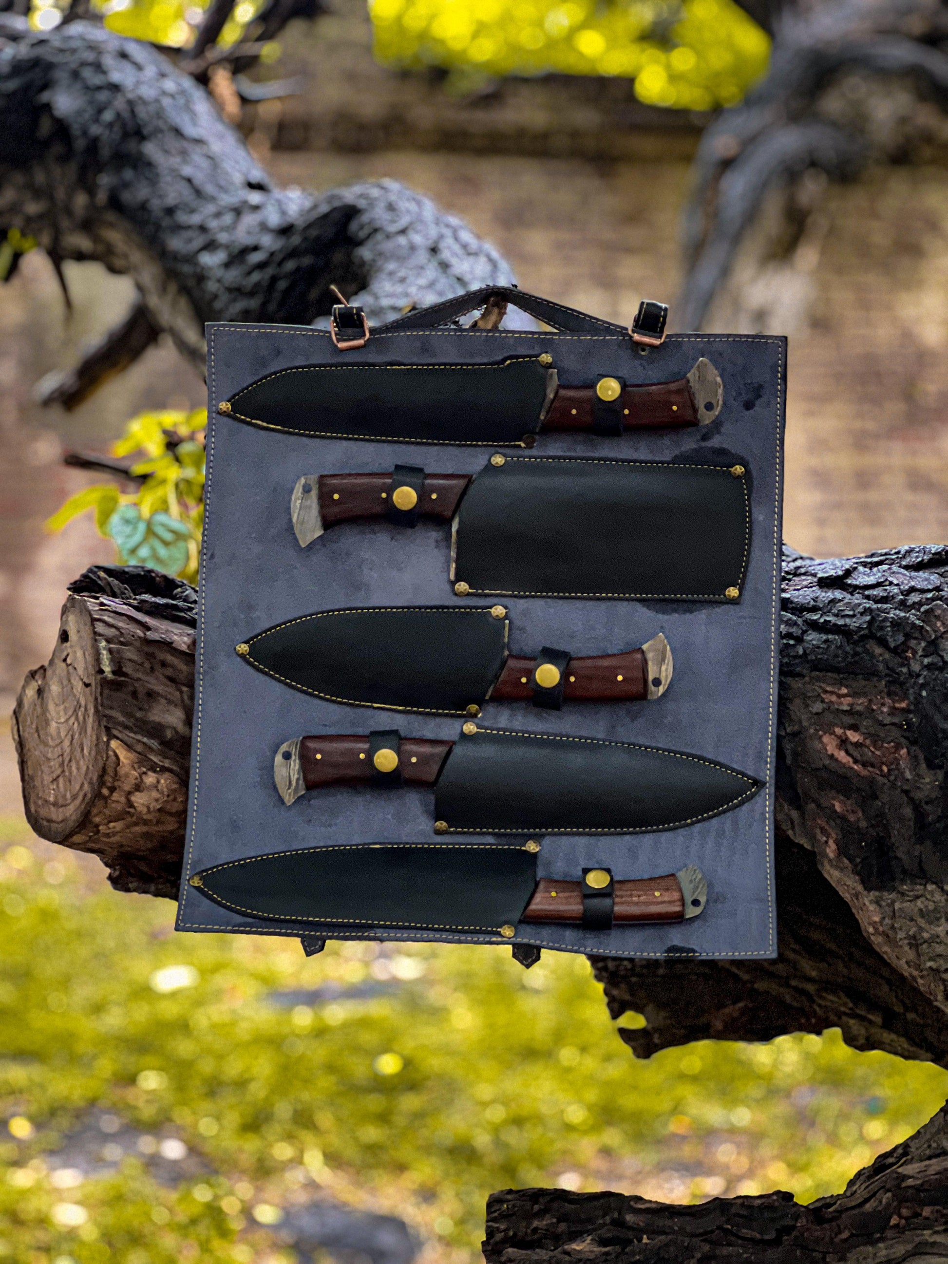 The rose - Damascus 5 Piece Chef Knife Set & Leather Roll - davincicutlery