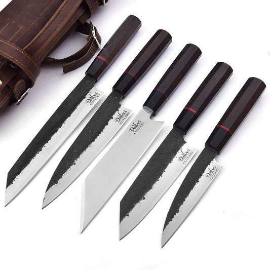 The Japanese - Handcrafted Carbon steel 5 Piece Chef Knife Set & Leather Roll