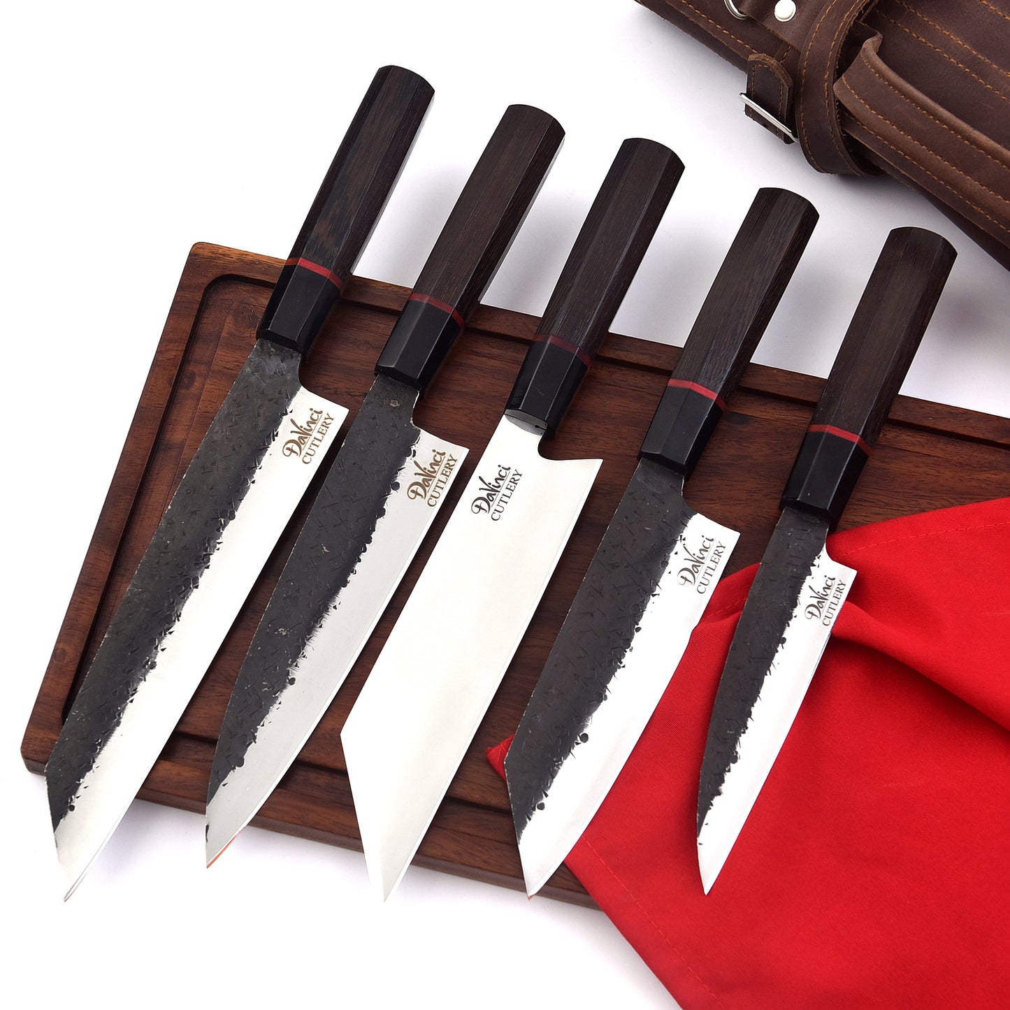 The Japanese - Handcrafted Carbon steel 5 Piece Chef Knife Set & Leather Roll