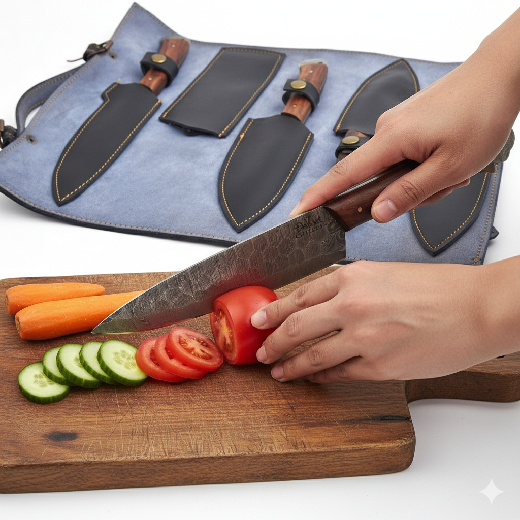 Person cutting vegetables on a wooden board with a knife, next to a blue knife roll containing knives.