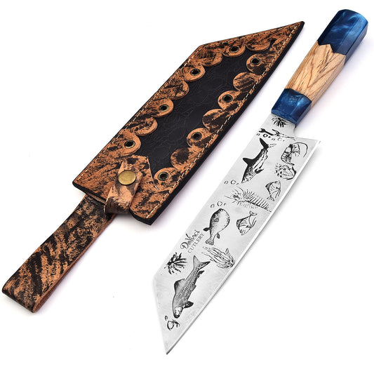 The Ocean Wonders Chef Knife - Beautiful Fish Engraved Blade & Leather Sheath