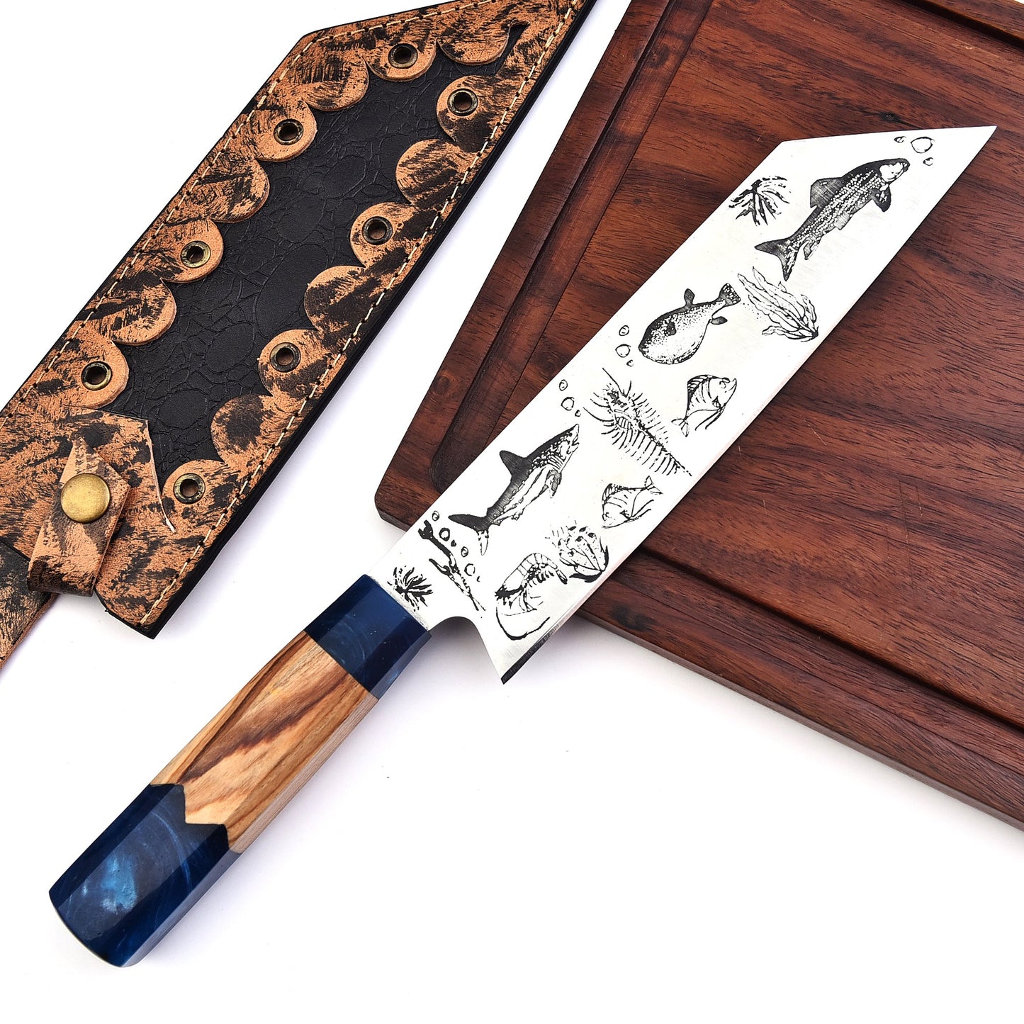 The Ocean Wonders Chef Knife - Beautiful Fish Engraved Blade & Leather Sheath