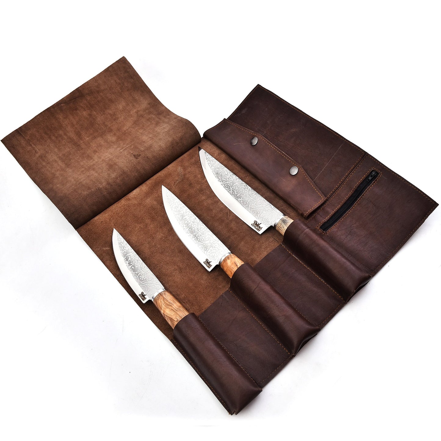 The Journeyman - Handcrafted Leather 3-Pocket Knife Roll (Evokes a professional/traveling chef)