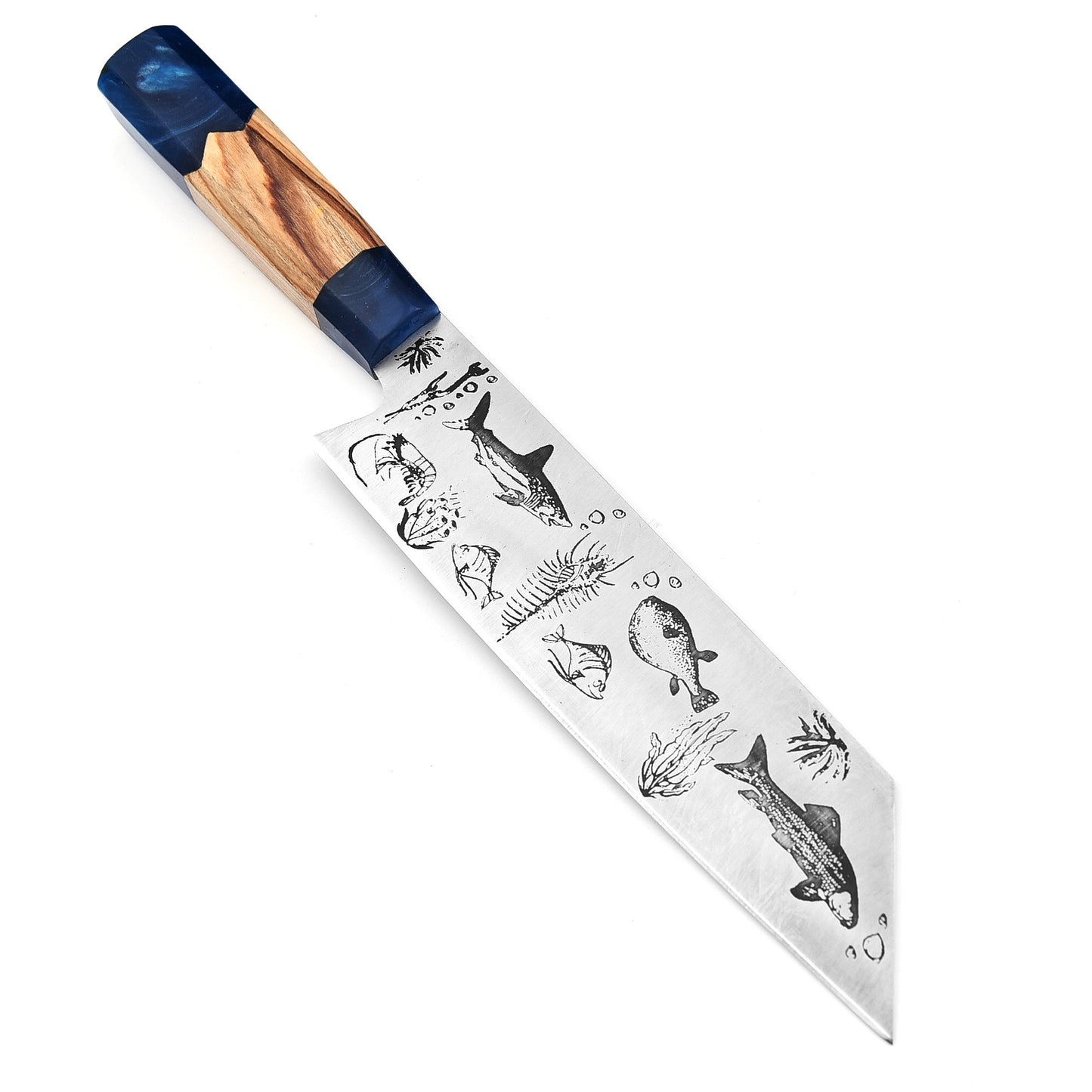 The Ocean Wonders Chef Knife - Beautiful Fish Engraved Blade & Leather Sheath