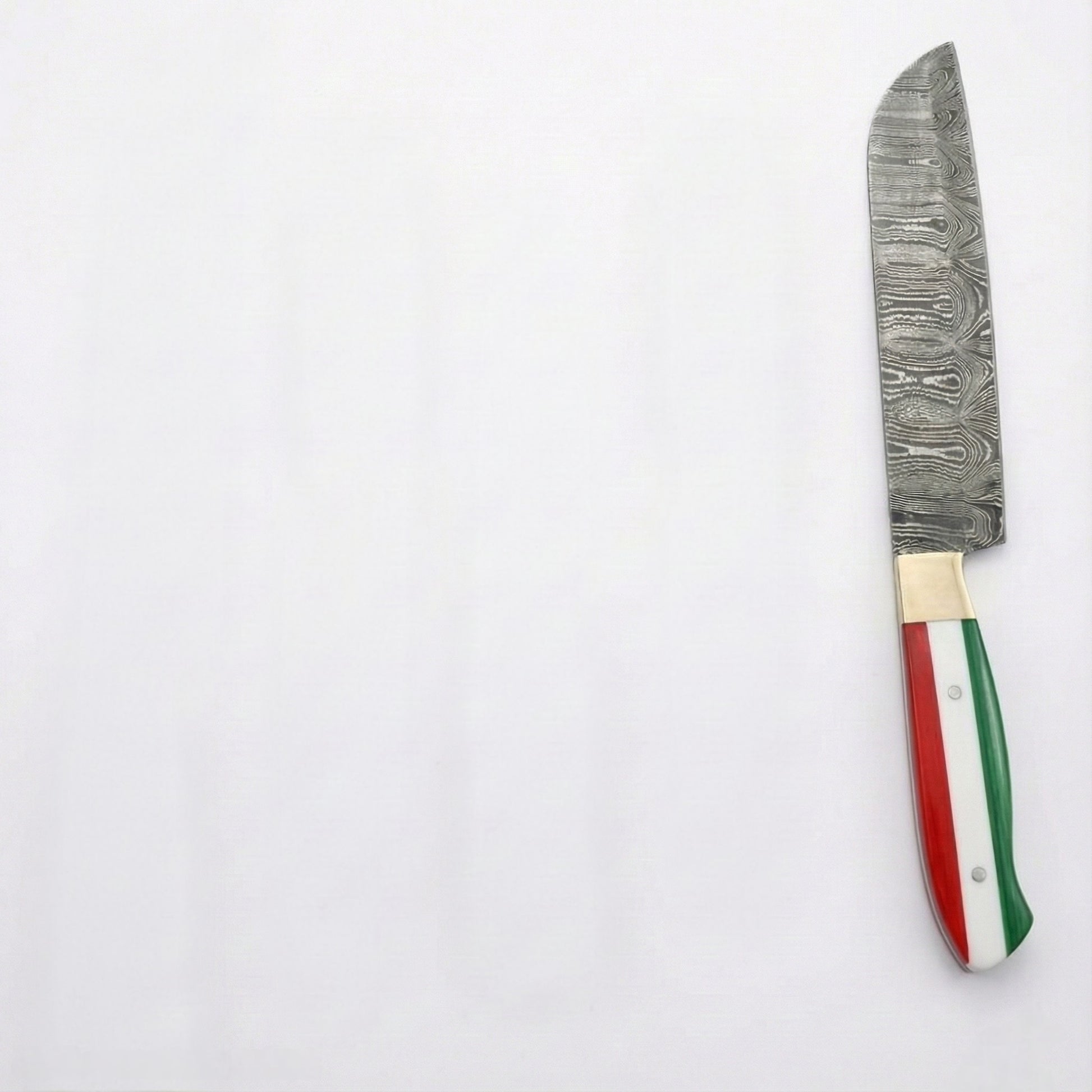 Five decorative kitchen knives with Italian flag handles and patterned steel blades.